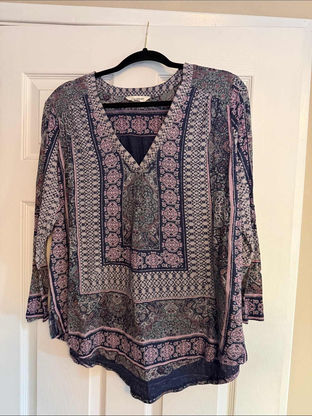 Lucky Brand Navy and Pink Printed V-Neck Tunic
